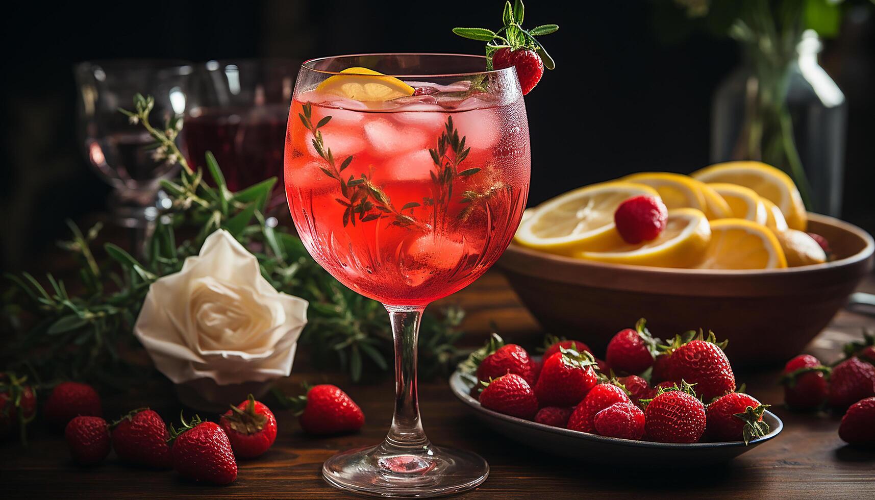 AI generated Fresh strawberry cocktail on wooden table, a summer delight generated by AI photo