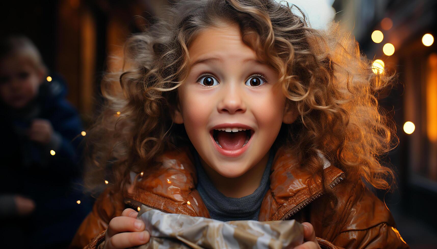 ai generado sonriente niño, felicidad, linda chica, invierno noche, Navidad luces generado por ai foto