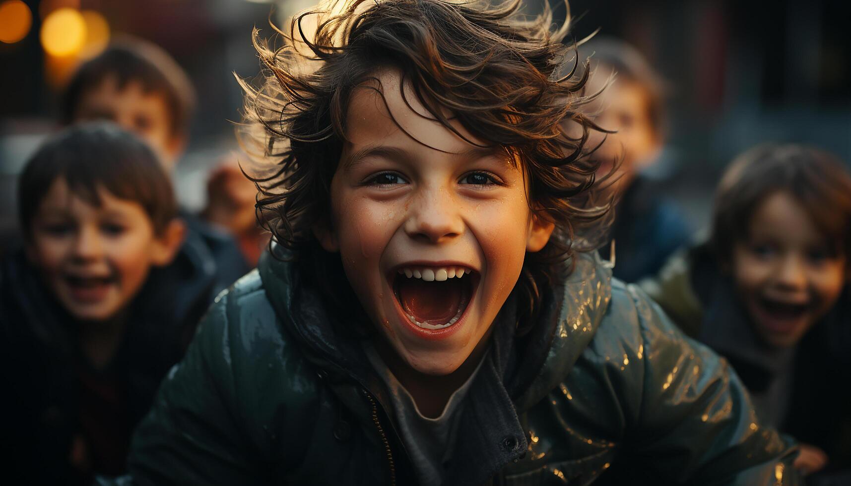 AI generated A group of cheerful children playing outdoors, smiling and laughing generated by AI photo