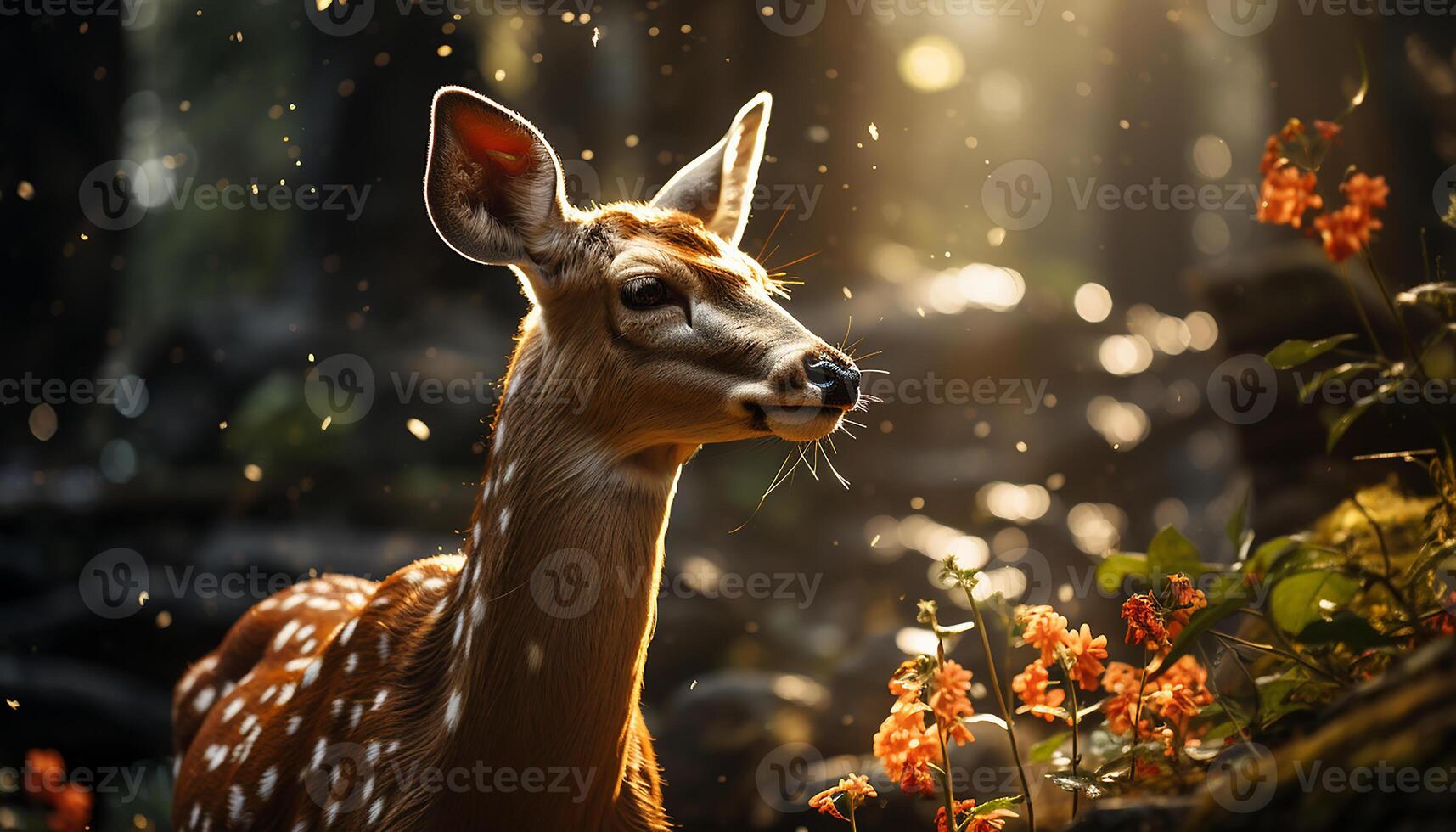 AI generated Cute deer looking at camera in snowy forest generated by AI photo