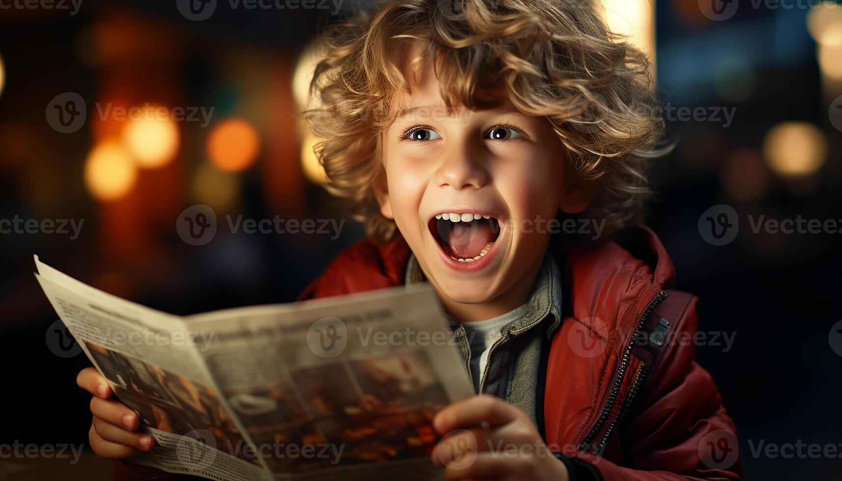 AI generated Smiling child reading, enjoying outdoors, learning with cheerful adults generated by AI photo
