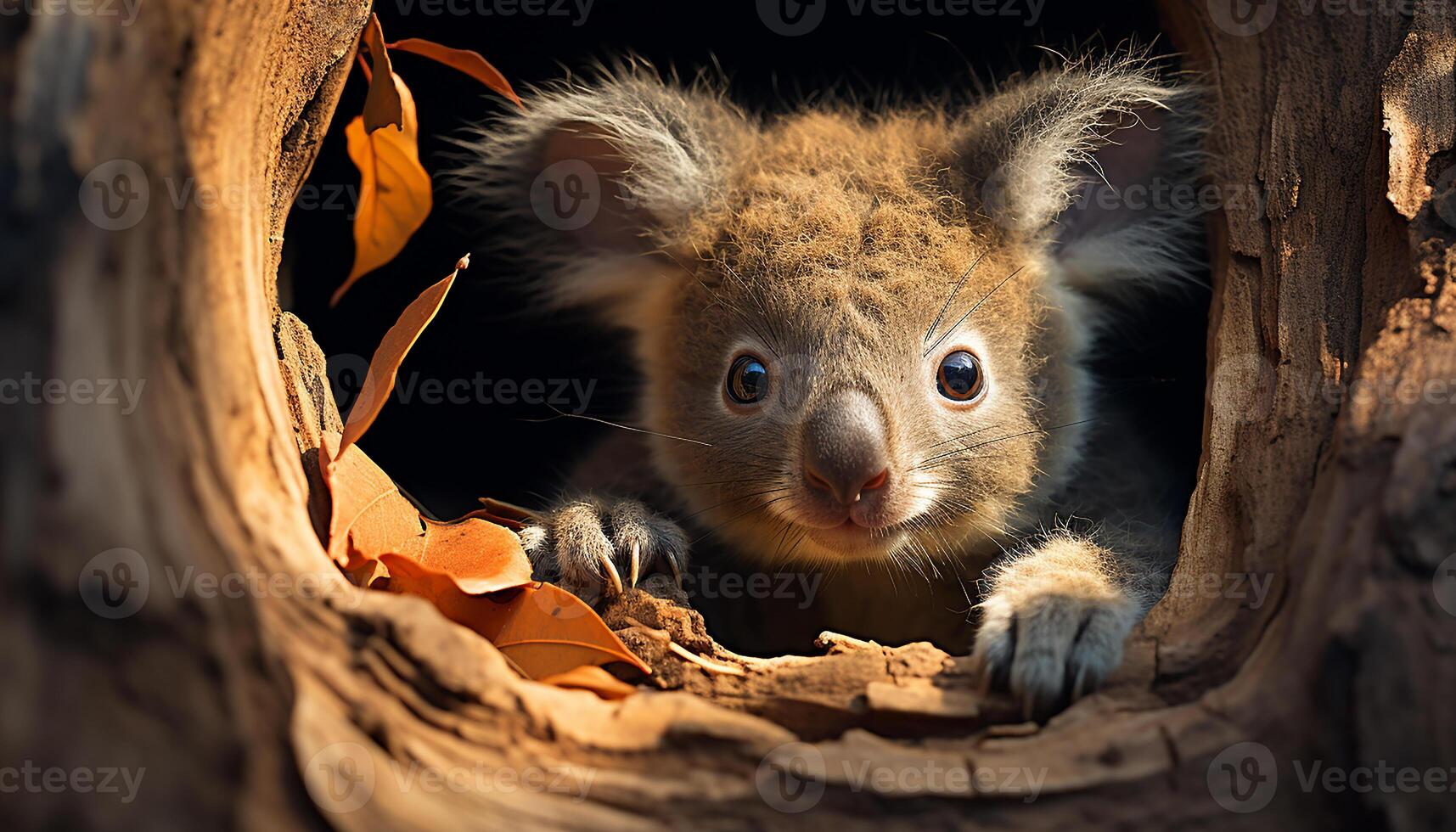 AI generated Cute koala sitting on branch, looking at camera, fluffy fur generated by AI photo