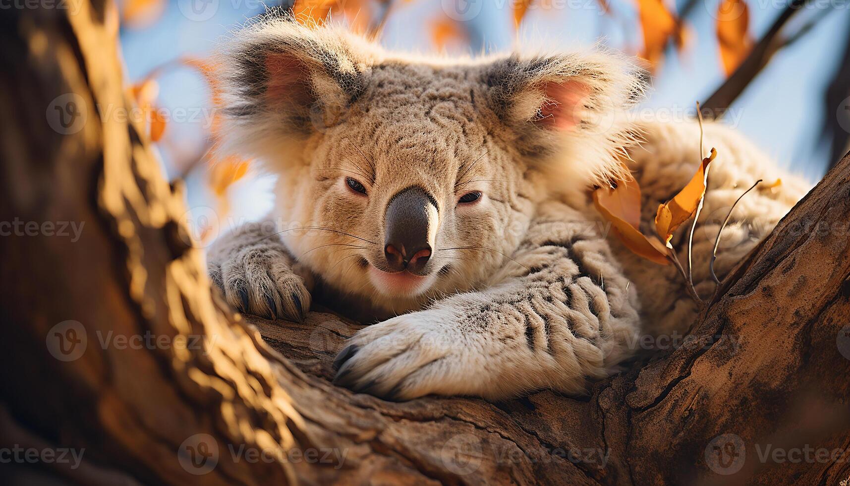 AI generated Cute koala sleeping on tree branch in tranquil forest generated by AI photo
