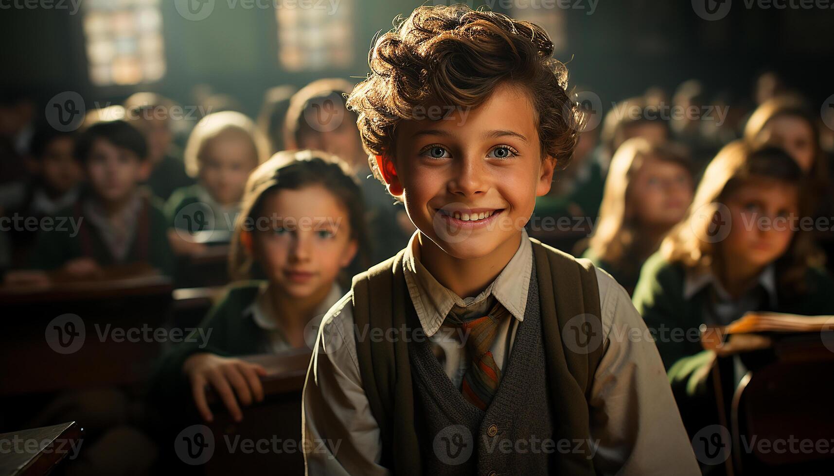 AI generated A group of cheerful children smiling, learning in a classroom generated by AI photo