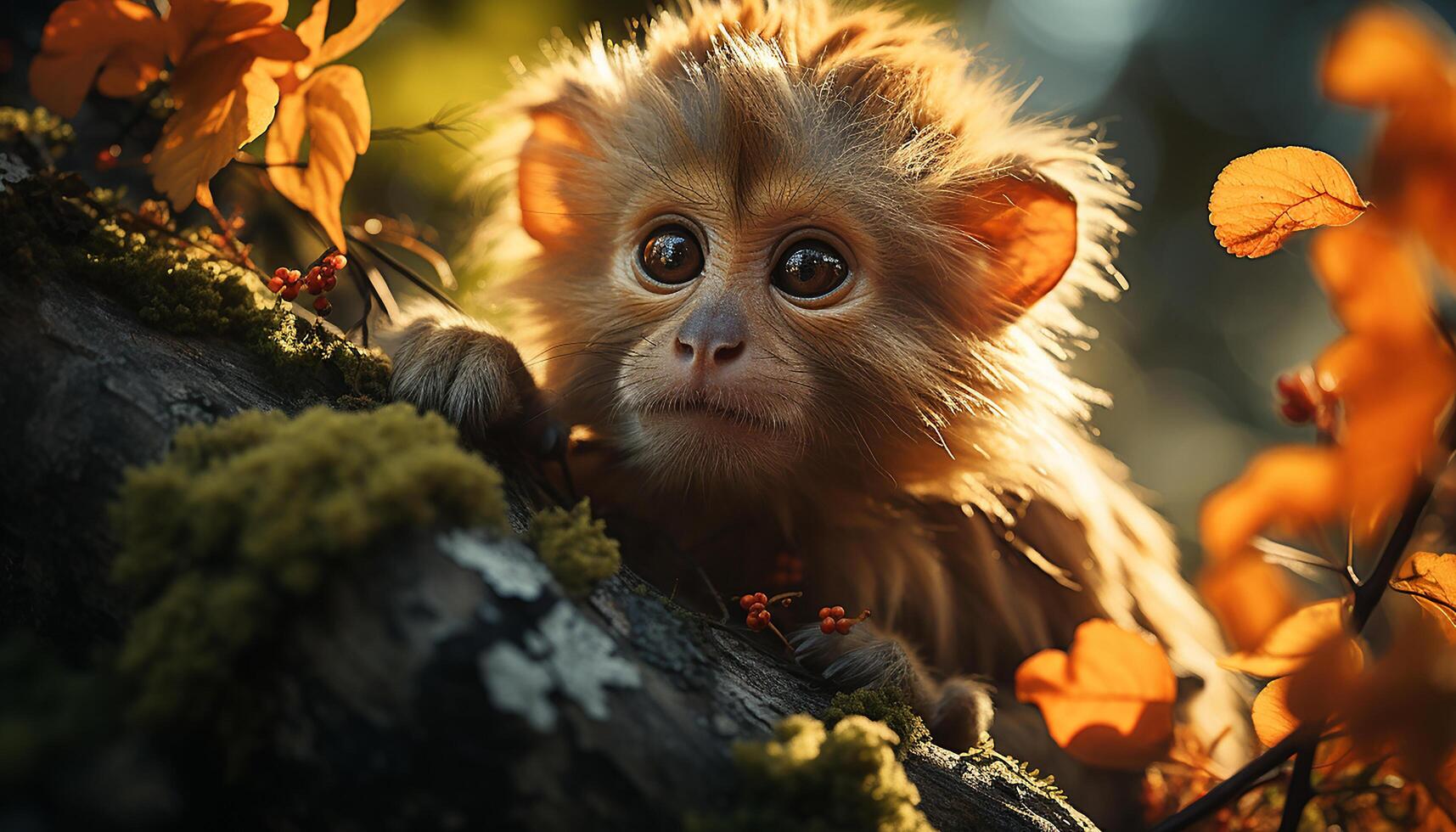 AI generated Cute monkey sitting on branch, looking at camera in forest generated by AI photo