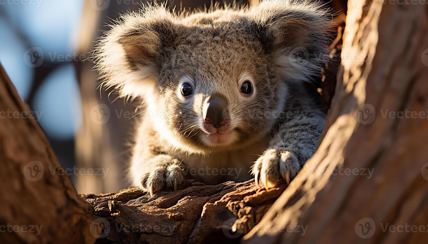 AI generated Cute koala sleeping on eucalyptus tree, alertness in nature generated by AI photo