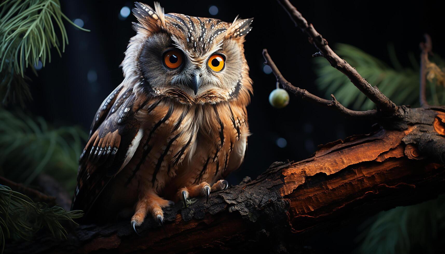 ai generado genial con cuernos búho encaramado en rama, curioso dentro el noche generado por ai foto