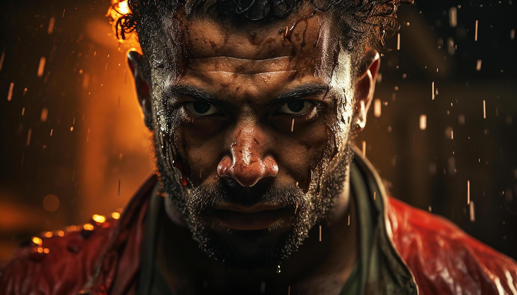 AI generated A determined man, outdoors at night, looking confident in rain generated by AI photo