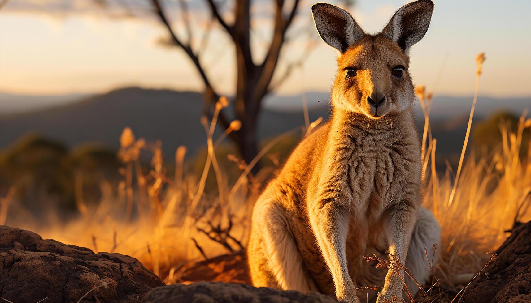 ai generado linda mamífero sentado en césped, mirando a puesta de sol generado por ai foto