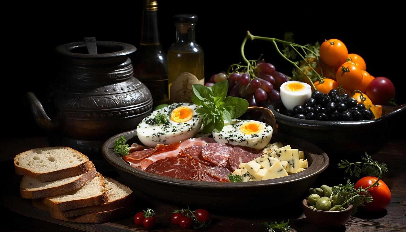 AI generated Freshness of gourmet meal on rustic wood table healthy eating generated by AI photo