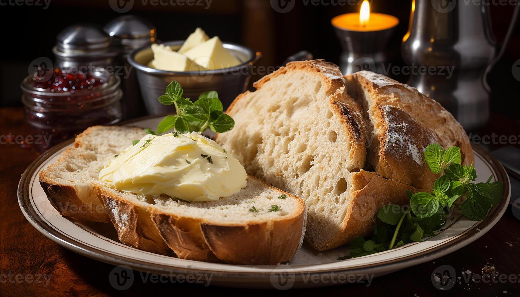 AI generated Freshly baked bread on wooden table, a delicious appetizer generated by AI photo