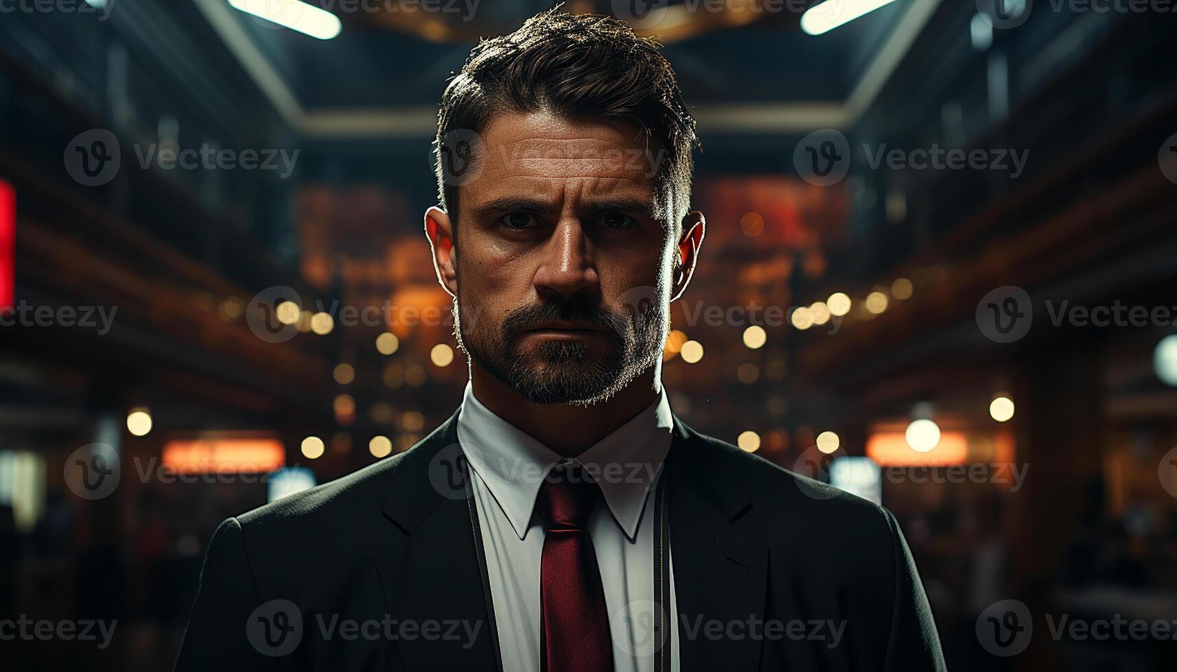 AI generated Confident businessman in suit, looking at camera in city at night generated by AI photo