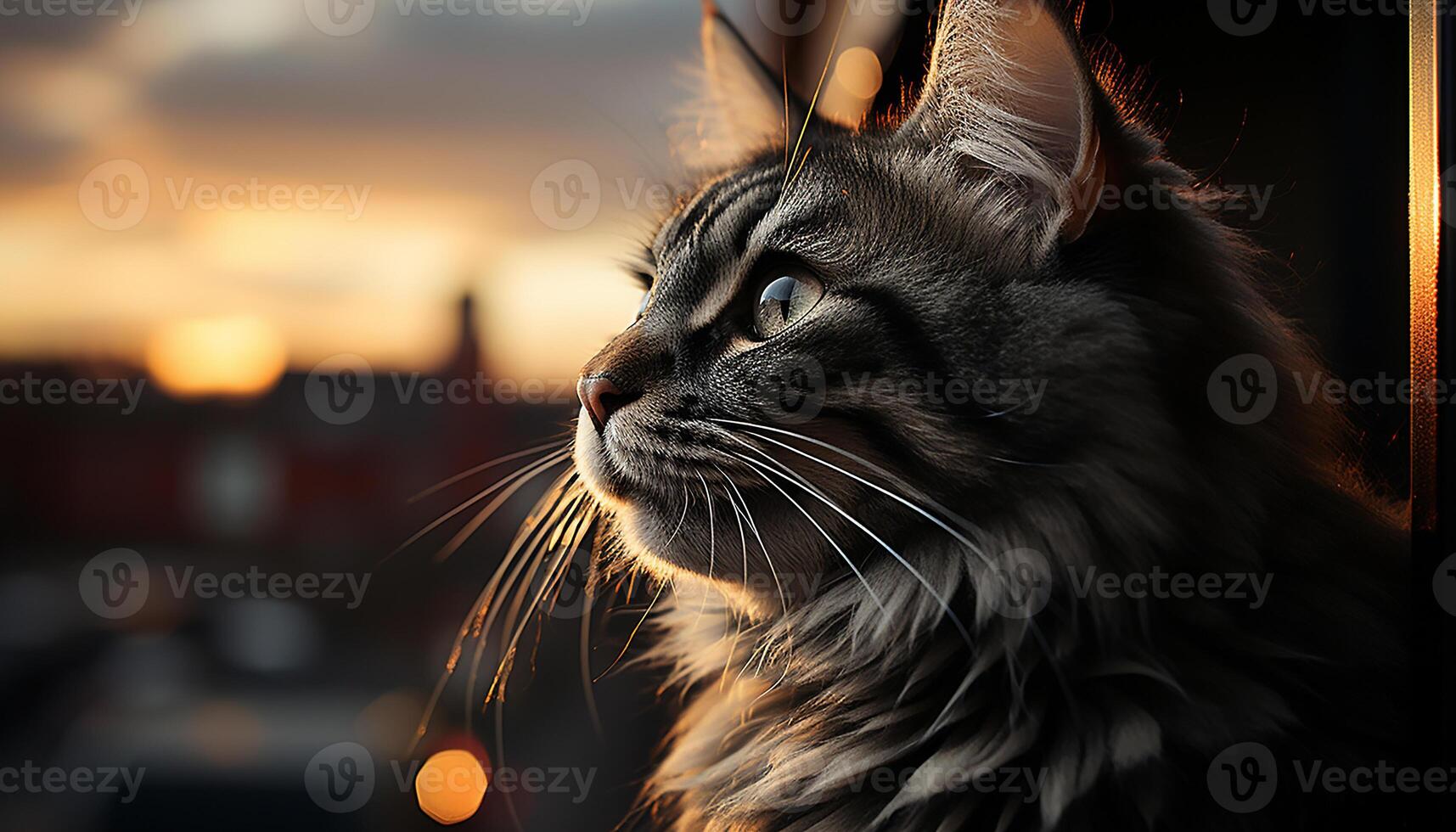 AI generated Cute kitten sitting, staring at sunset, playful and relaxed generated by AI photo