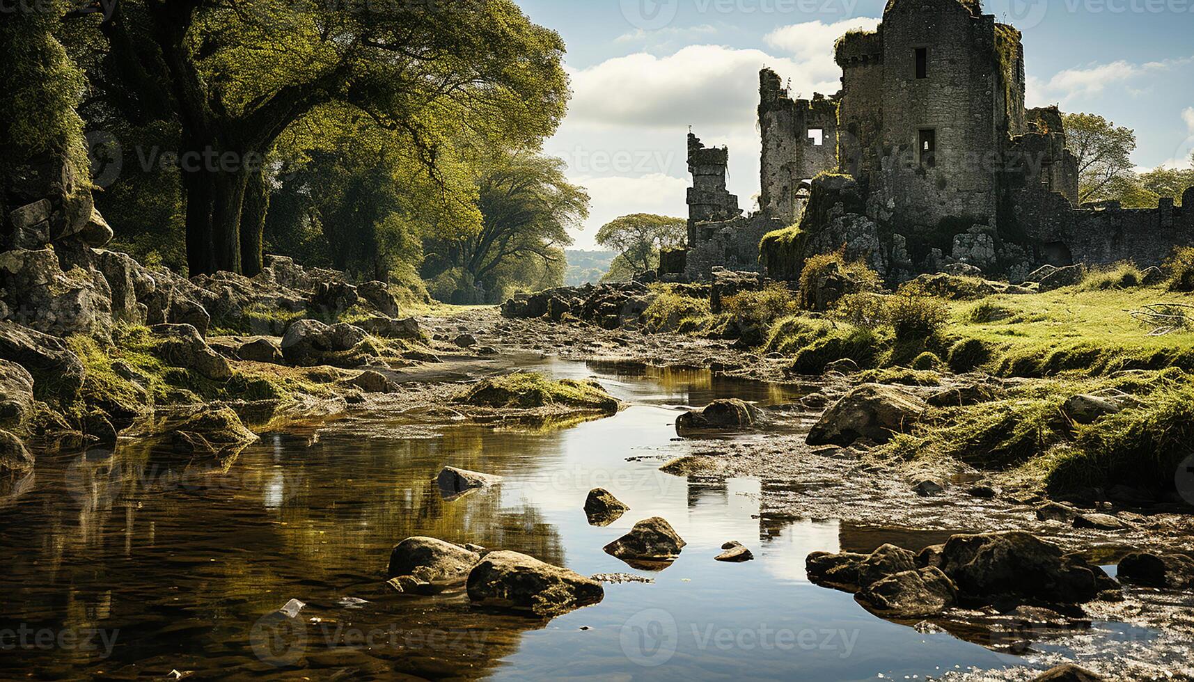 ai generado antiguo arruinado castillo refleja en tranquilo agua, rodeado por naturaleza generado por ai foto