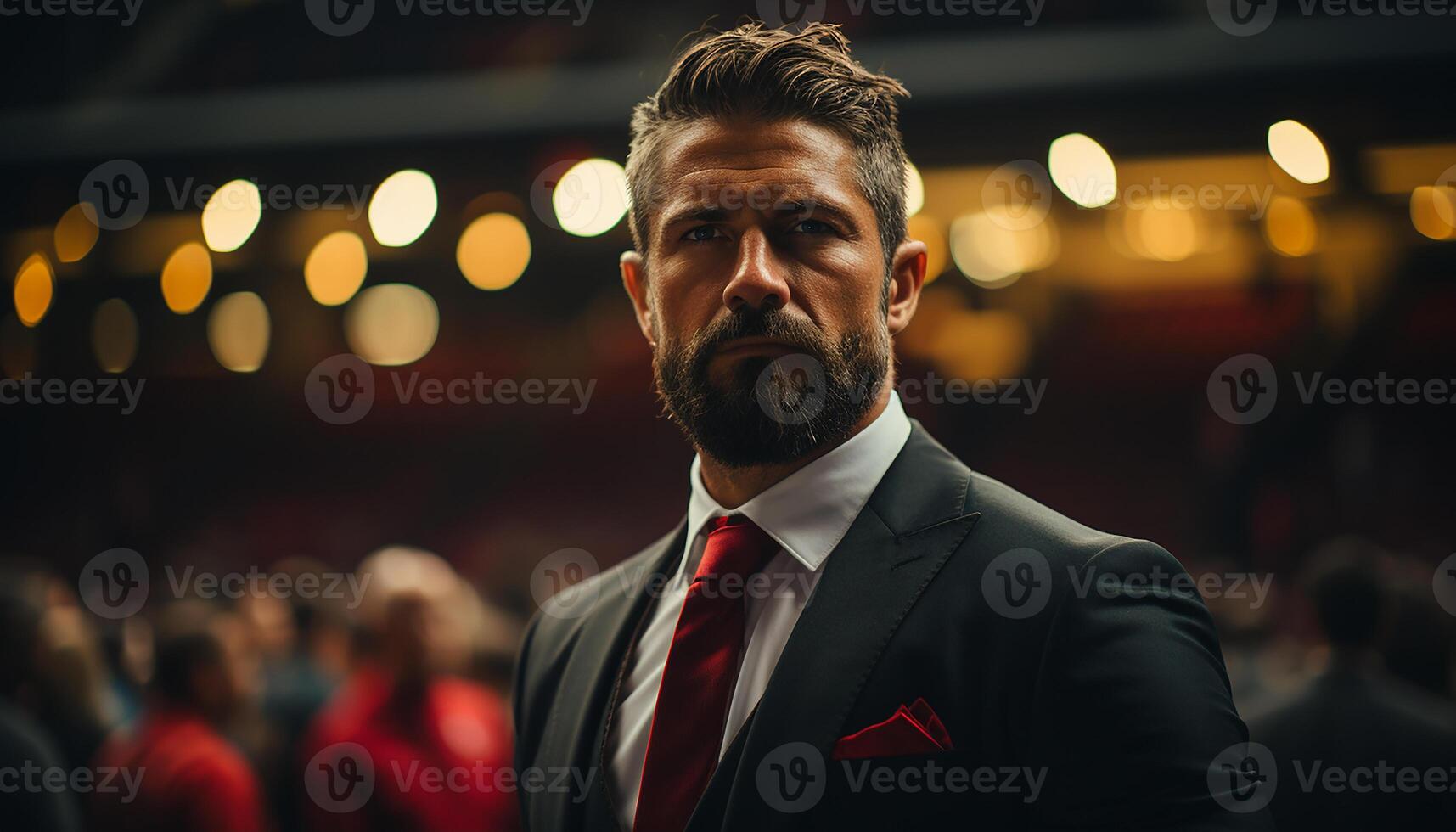 AI generated Confident businessman in suit looking at camera, successful indoors generated by AI photo