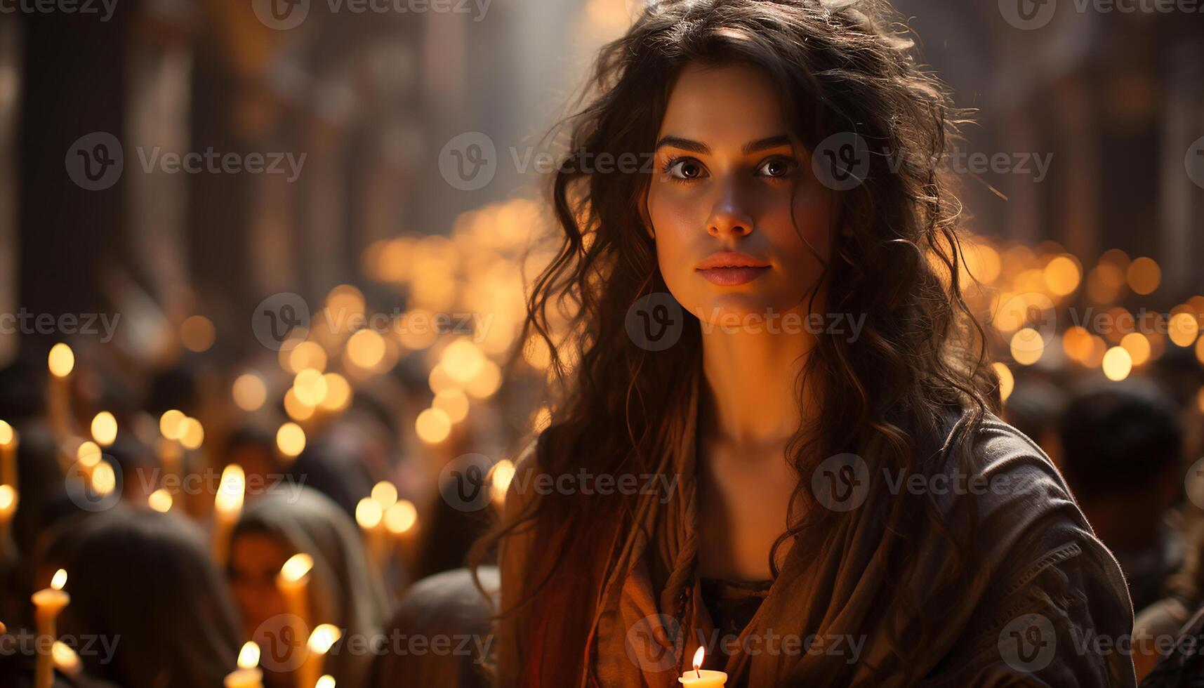 AI generated Young woman smiling outdoors, illuminated by candle flame, radiating happiness generated by AI photo