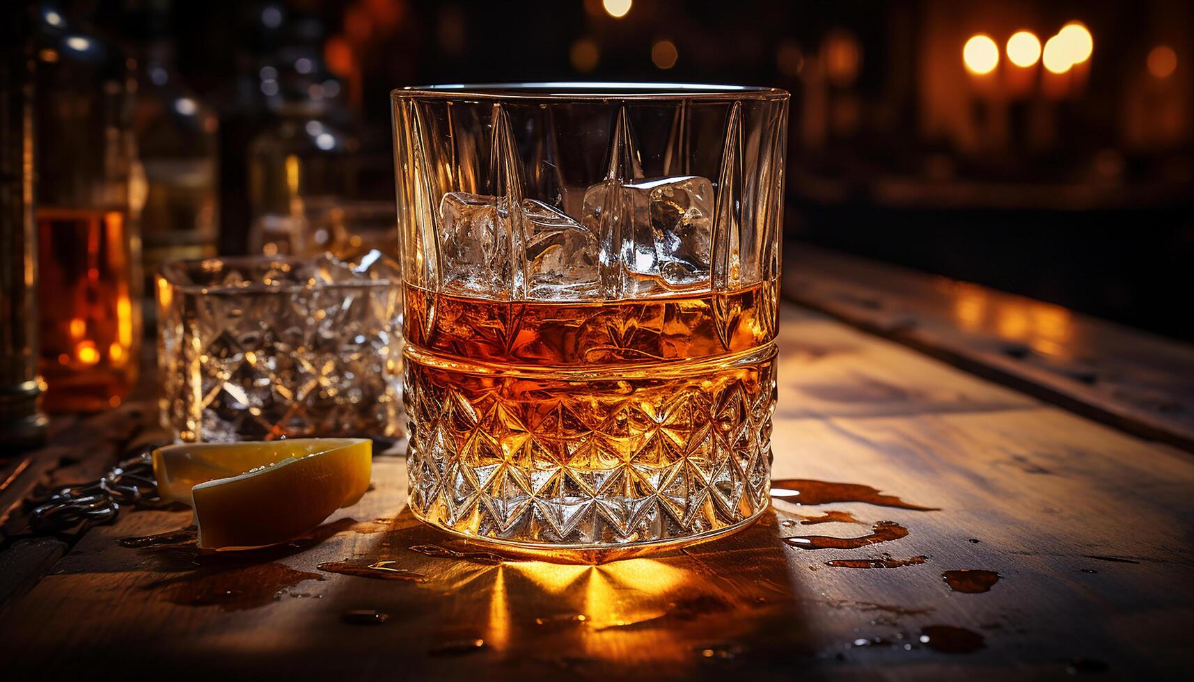 ai generado lujo bar, oscuro noche, whisky vaso, hielo, celebracion, elegancia generado por ai foto