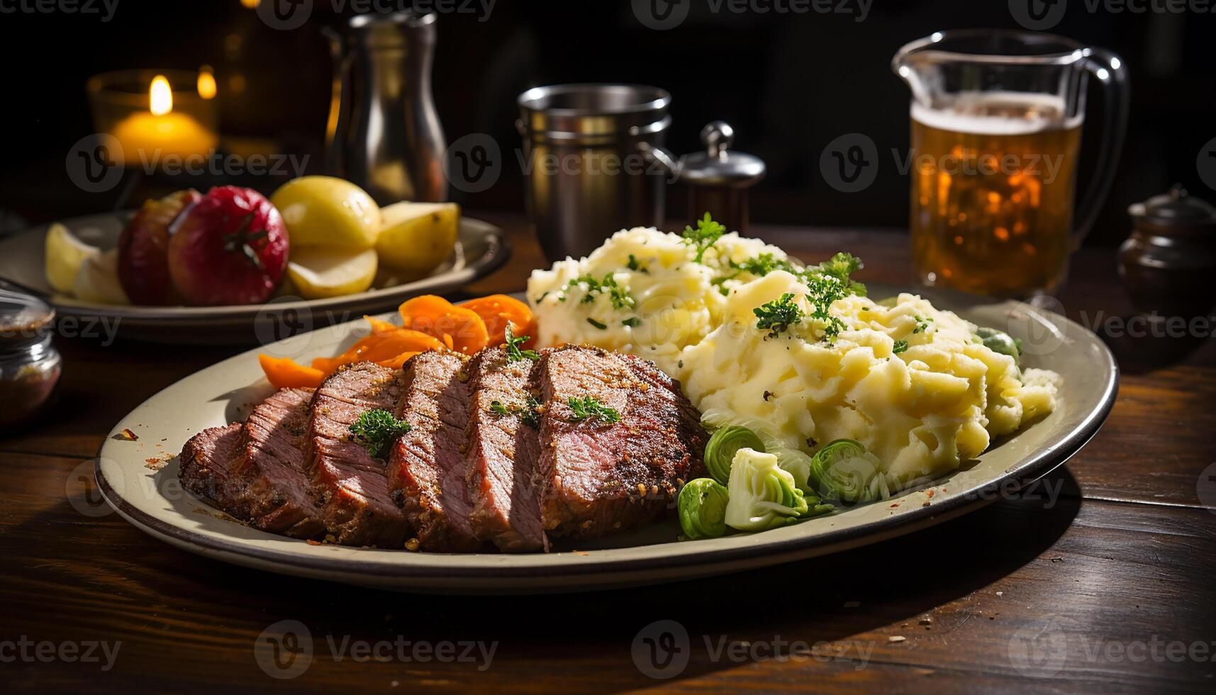 AI generated Grilled steak, cooked pork, fresh vegetables, ready to eat meal generated by AI photo