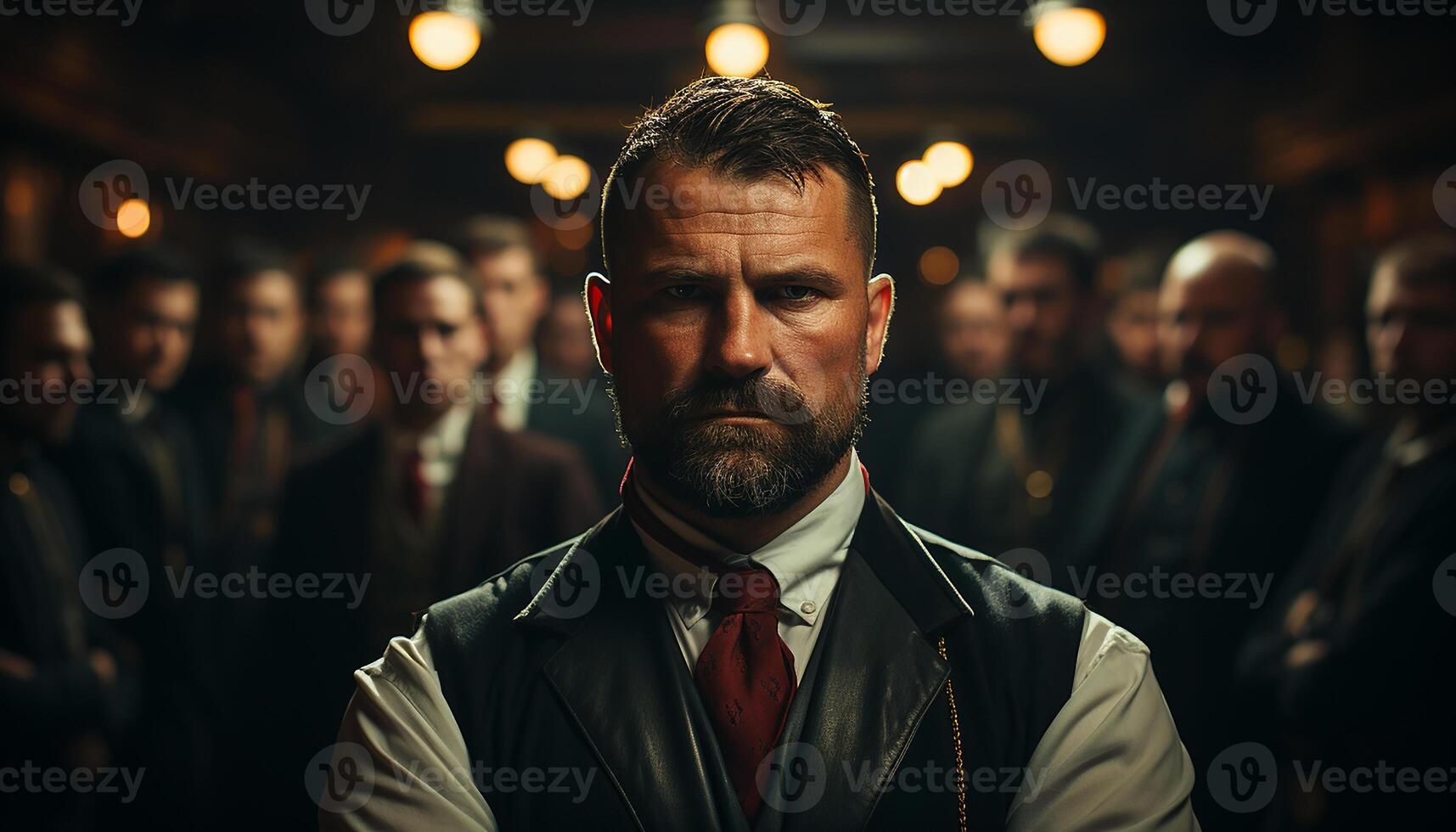 AI generated Confident businessman in suit, looking at camera, success in city generated by AI photo