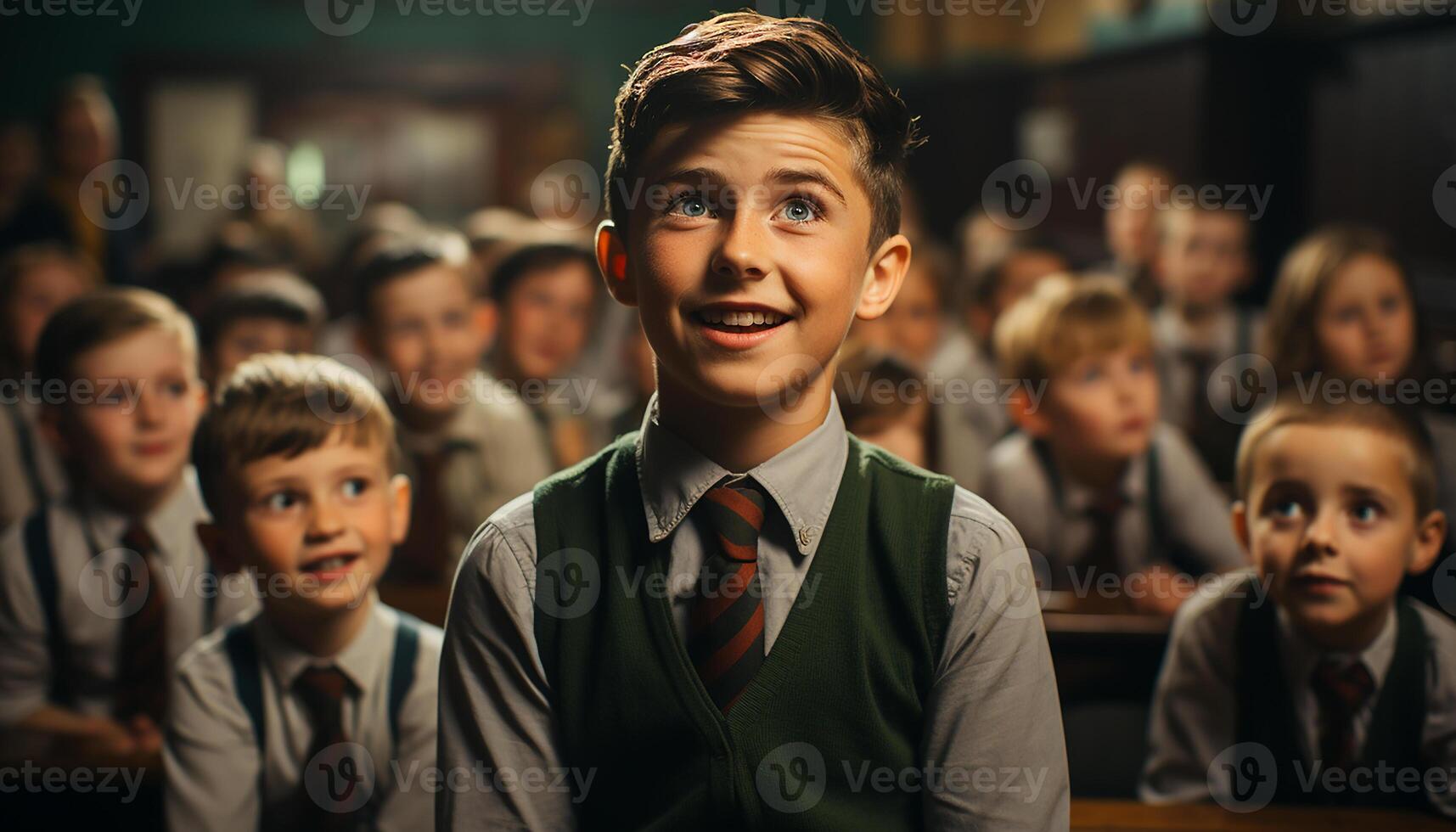 AI generated Smiling school children learning happily in a classroom generated by AI photo
