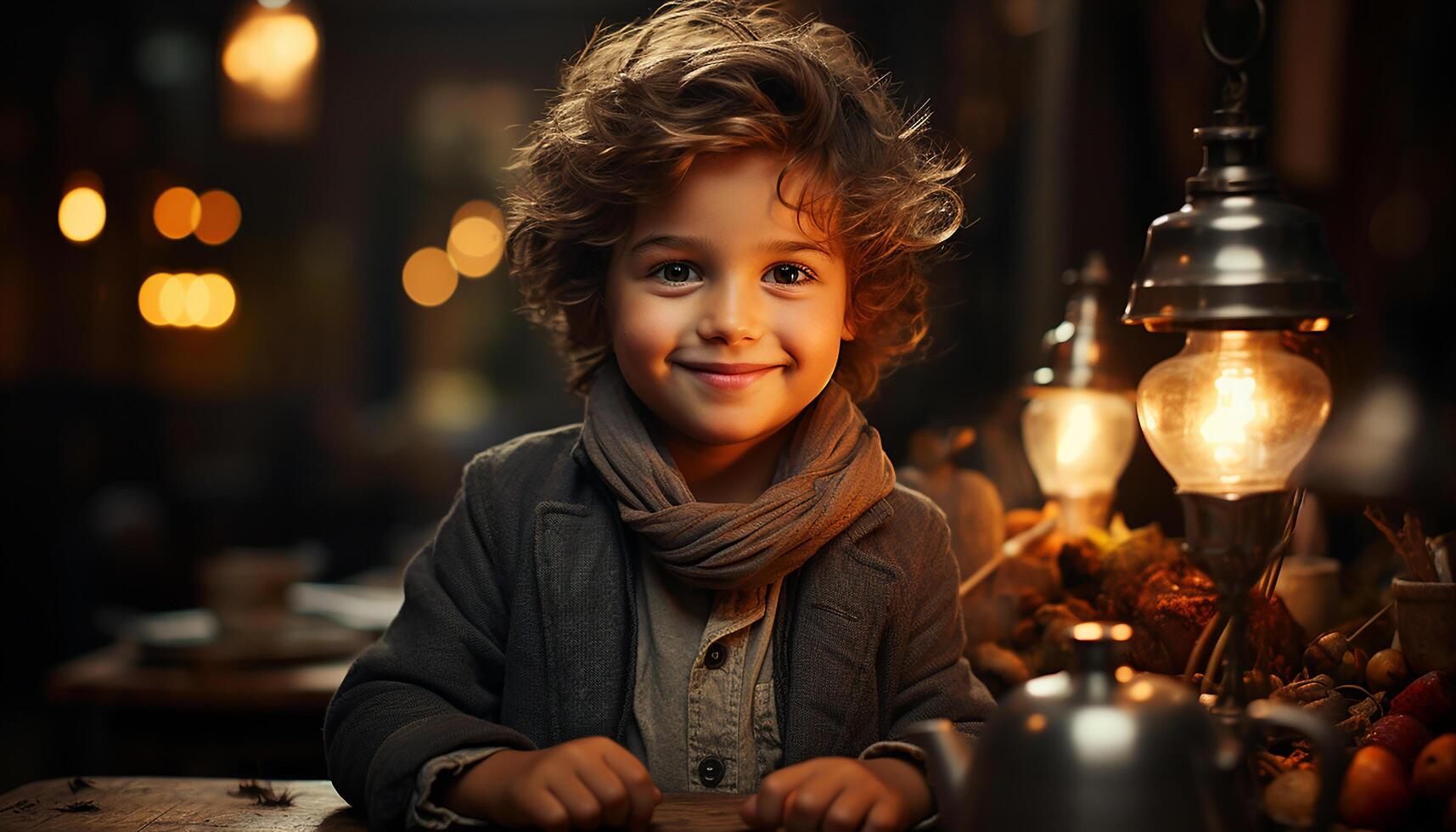 AI generated Smiling child sitting indoors, looking at camera, enjoying winter celebration generated by AI photo