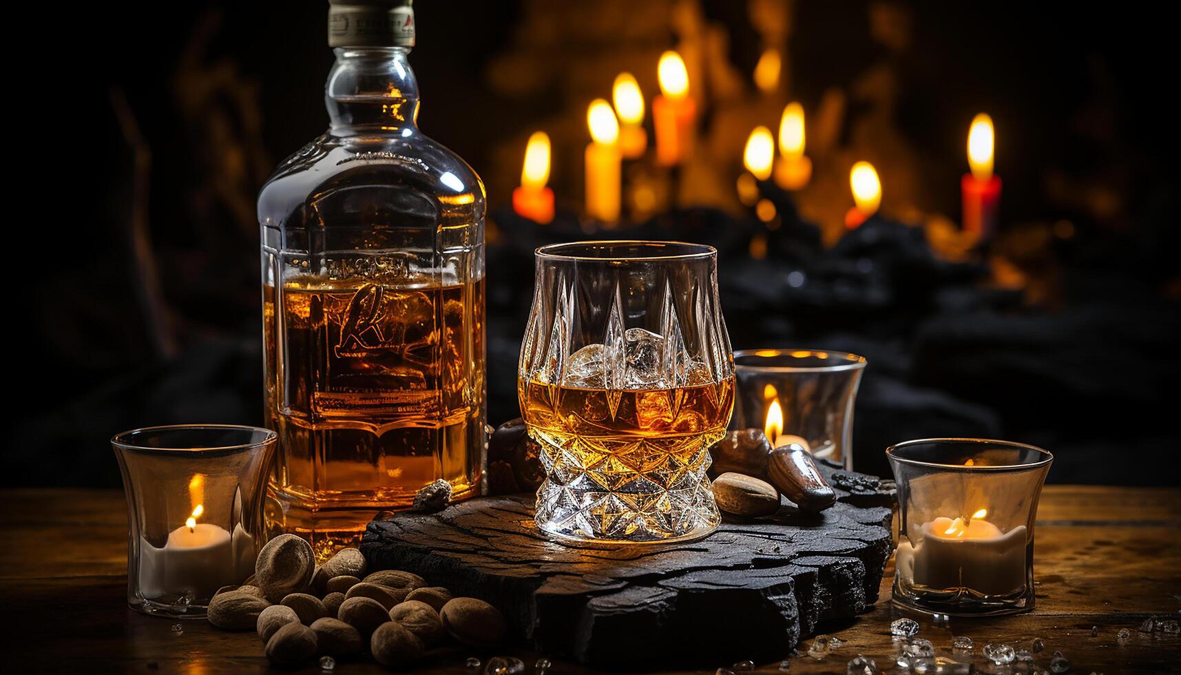 AI generated Luxury celebration whiskey, wine, candle, glass, fire, elegance, relaxation generated by AI photo