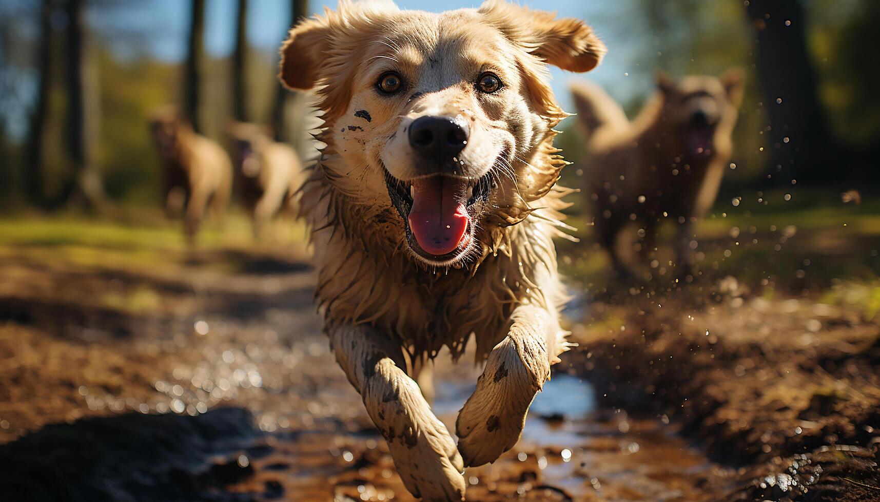 AI generated Cute puppy running in wet grass, playing with water generated by AI photo