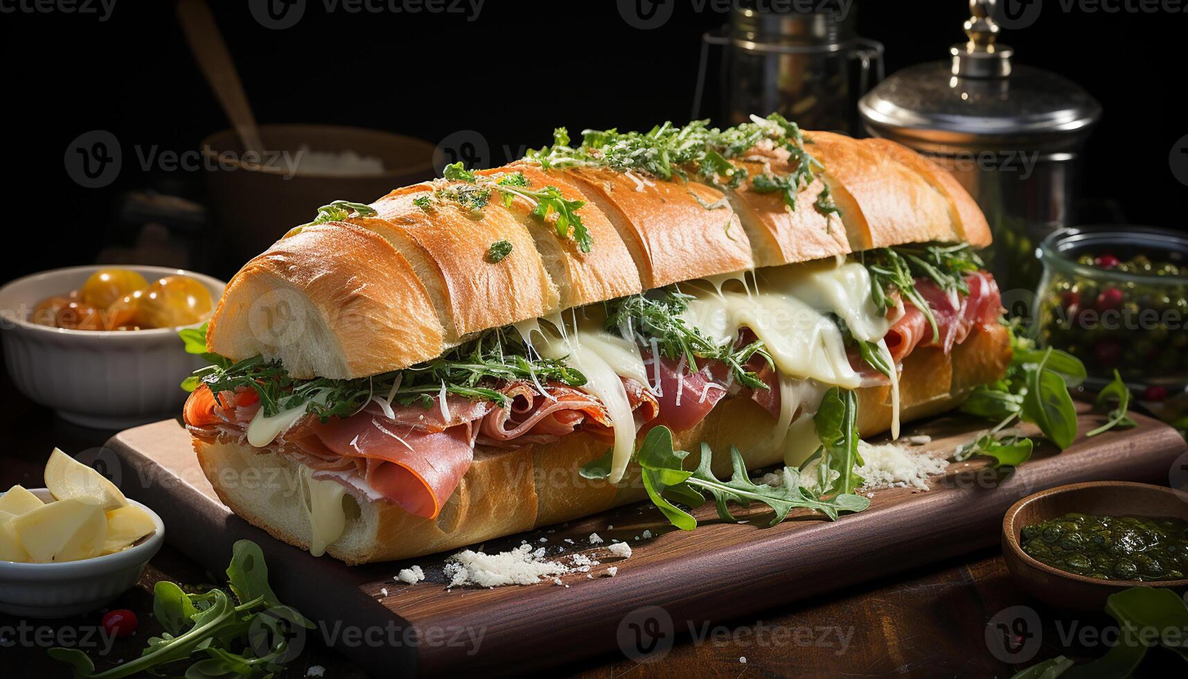 ai generado frescura en plato A la parrilla carne, gastrónomo sándwich, sano ensalada generado por ai foto