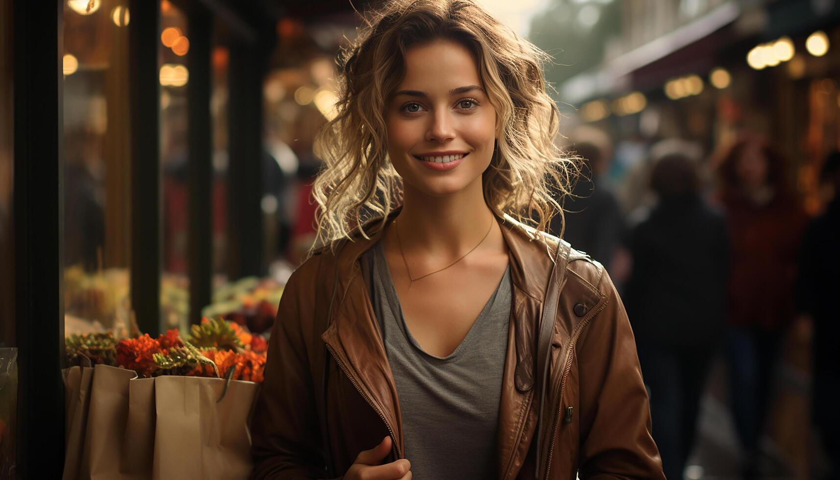 AI generated Young woman smiling, looking at camera, confident and happy outdoors generated by AI photo