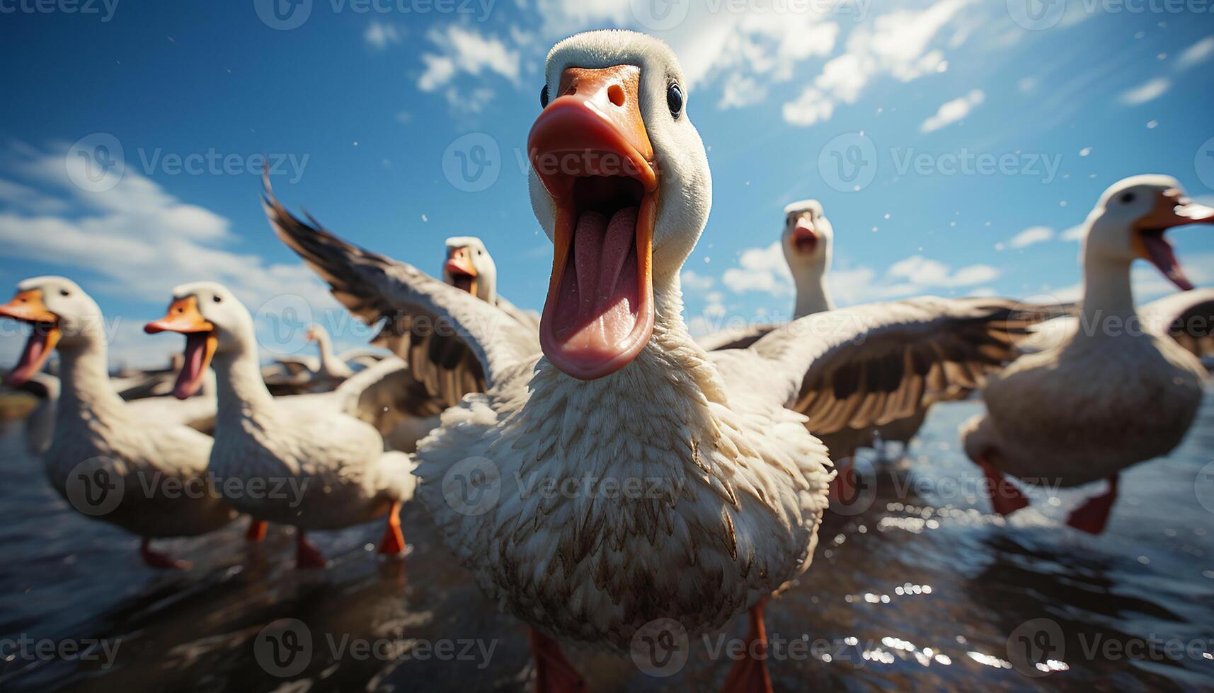 ai generado un vistoso grupo de aves anadear en el prado generado por ai foto