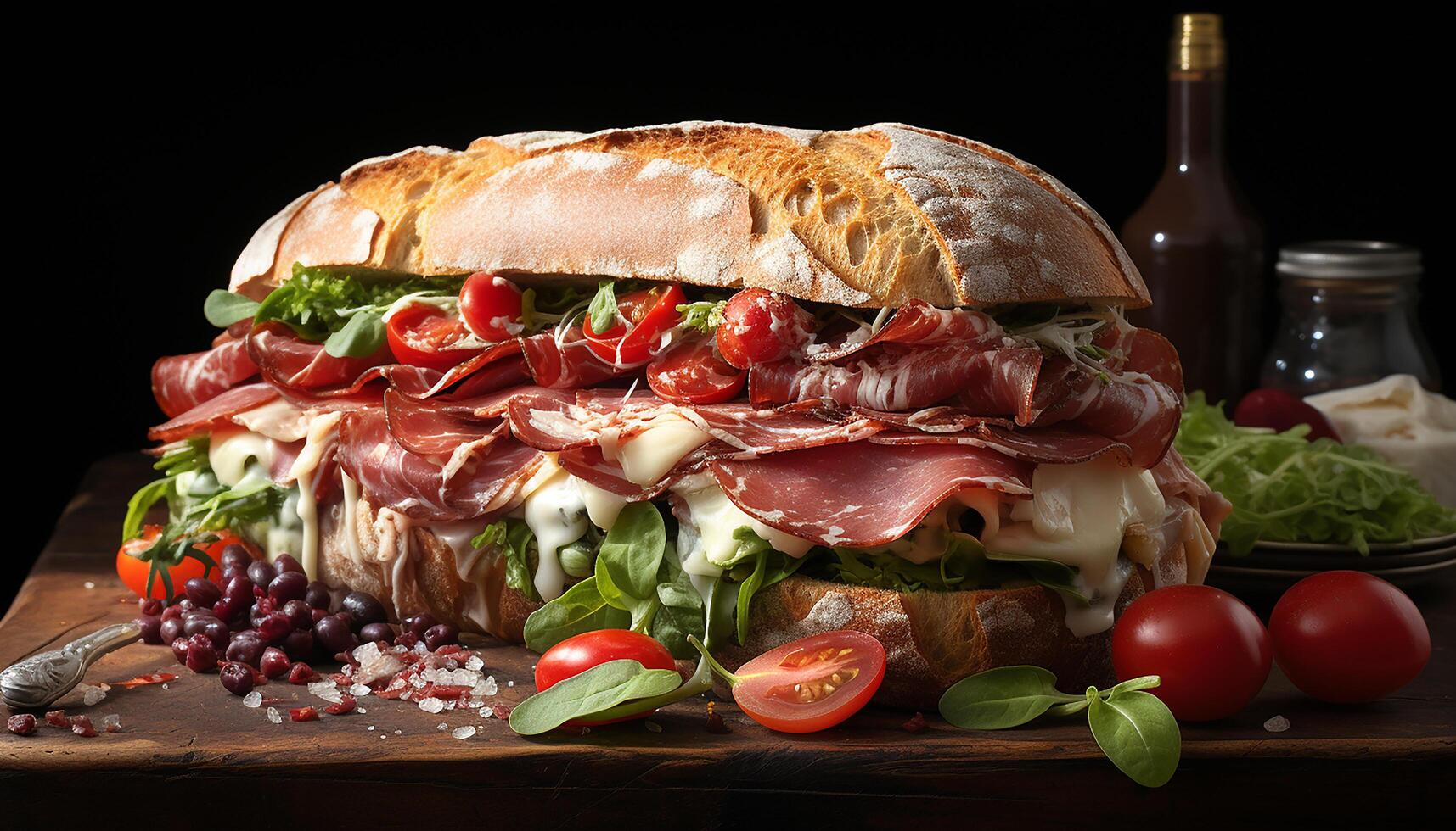 AI generated Freshness on plate gourmet sandwich with prosciutto, tomato, and salad generated by AI photo