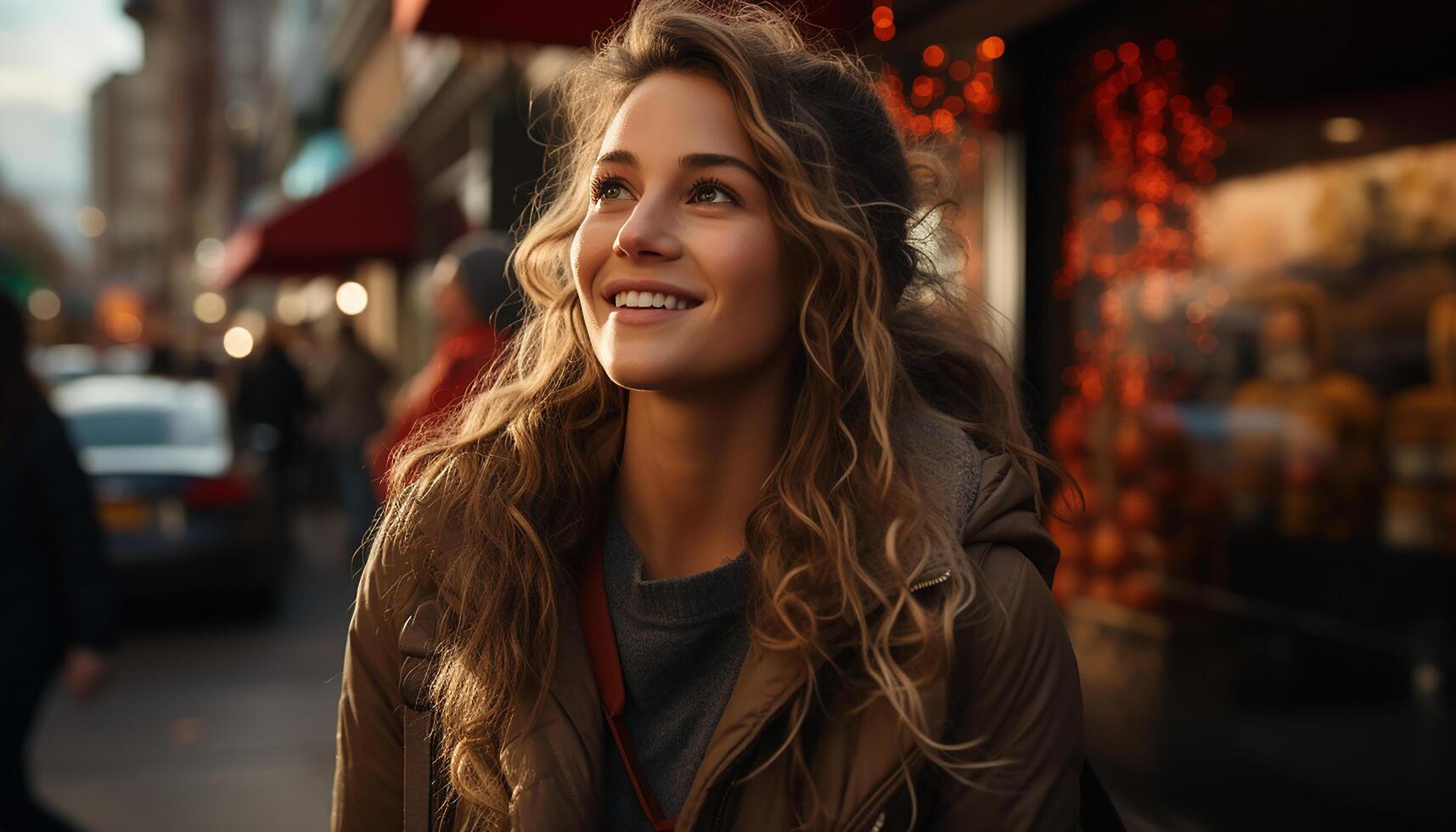 AI generated Young woman smiling, enjoying city life, illuminated by winter night generated by AI photo