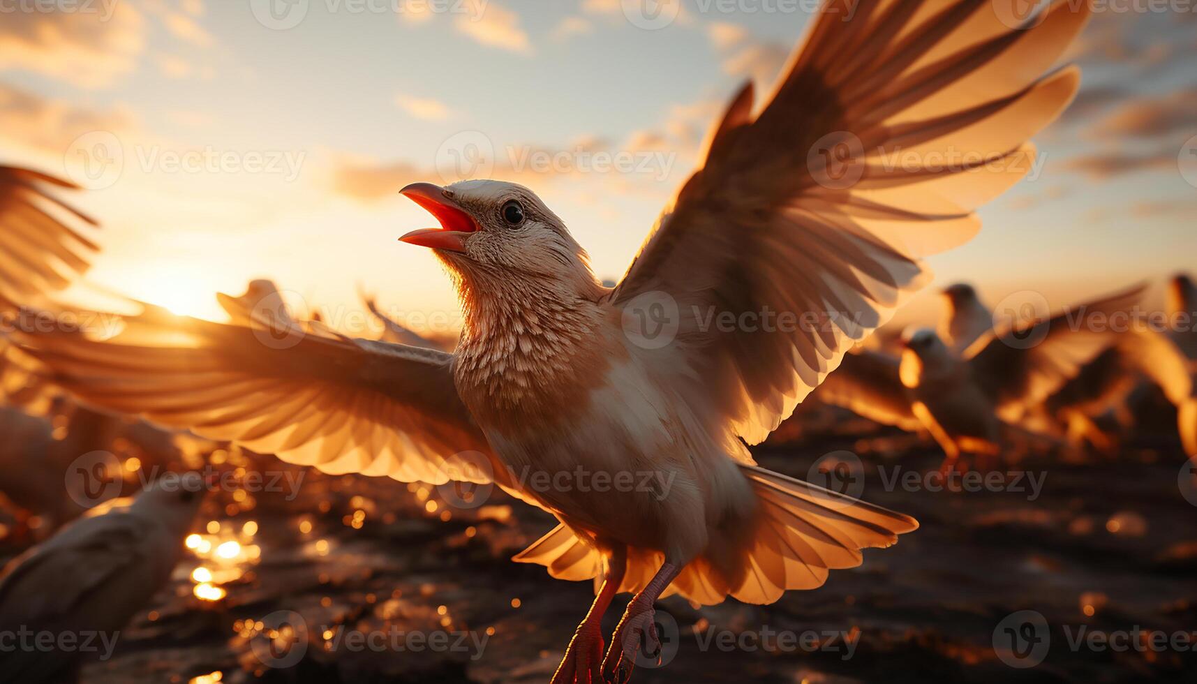 ai generado puesta de sol cielo, volador Gaviota, símbolo de paz en naturaleza belleza generado por ai foto