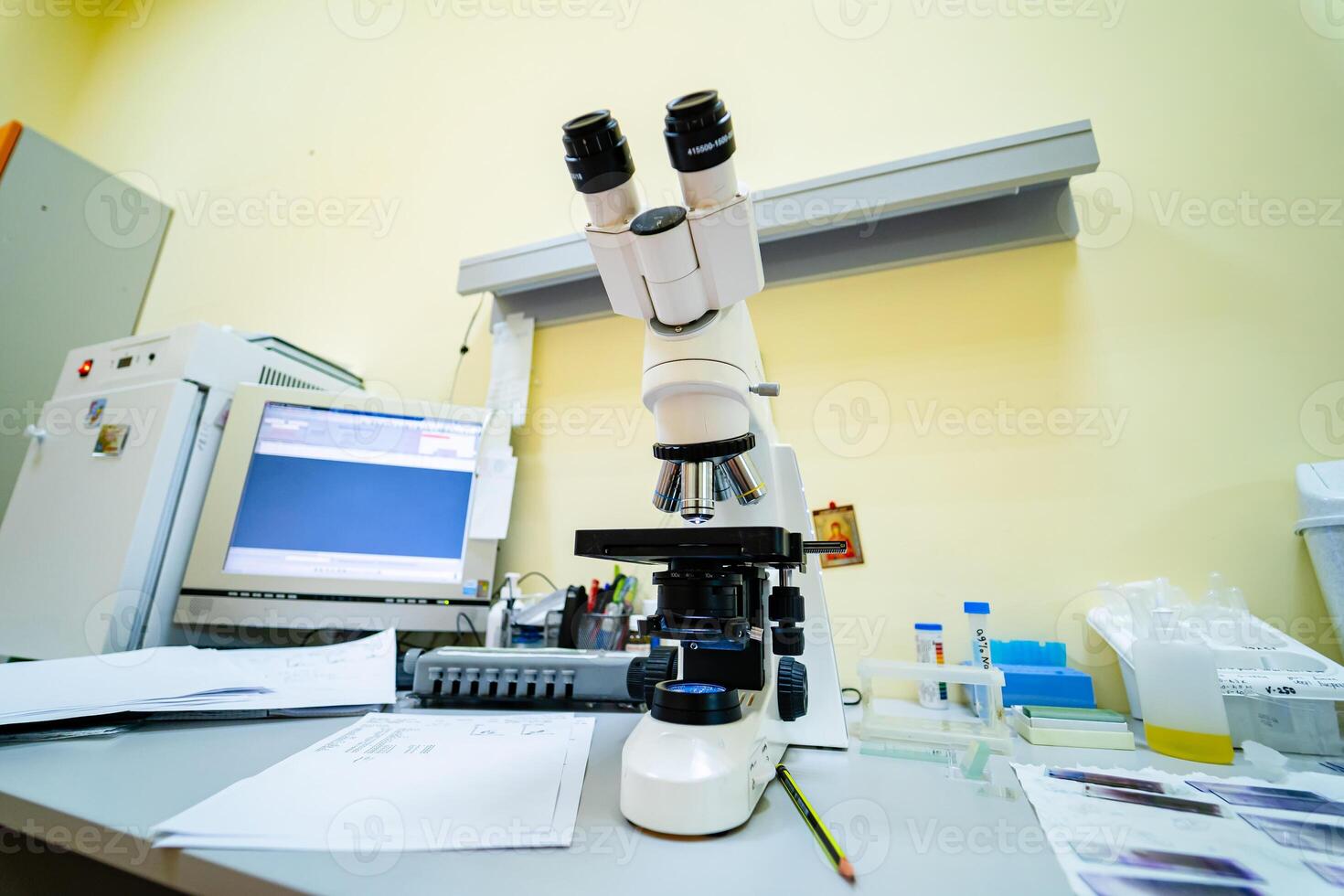 Photo of microscope. Medical research. Virus identification.