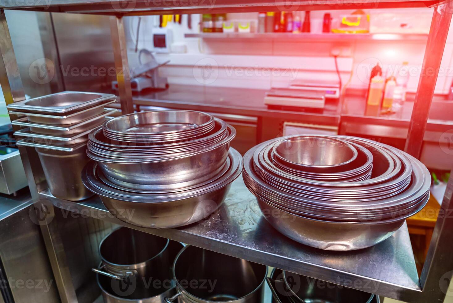 Restaurant steel kitchen workplace. Professional cooking equipment. photo