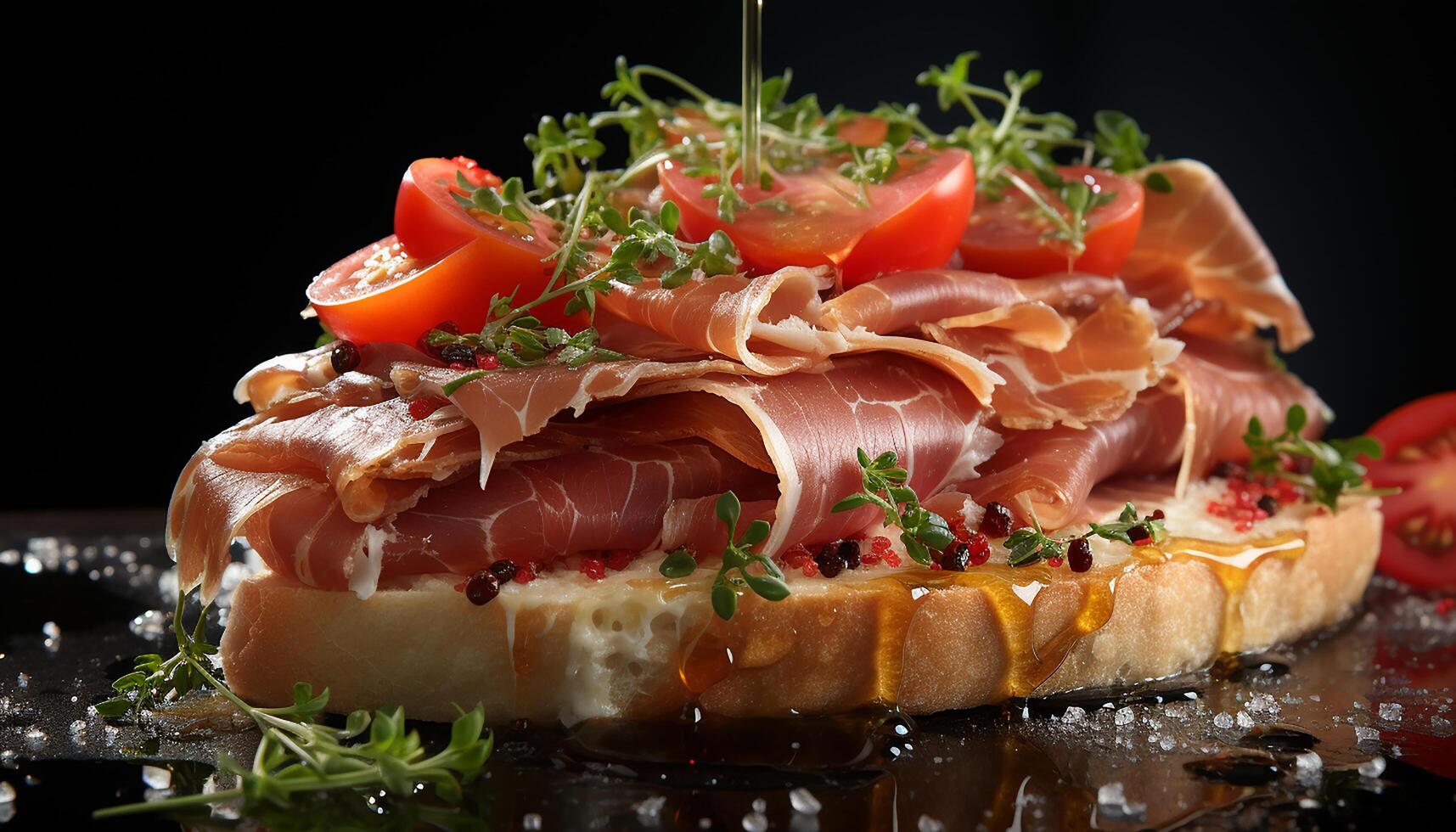 AI generated Fresh prosciutto, smoked bacon, and melon on a rustic plate generated by AI photo