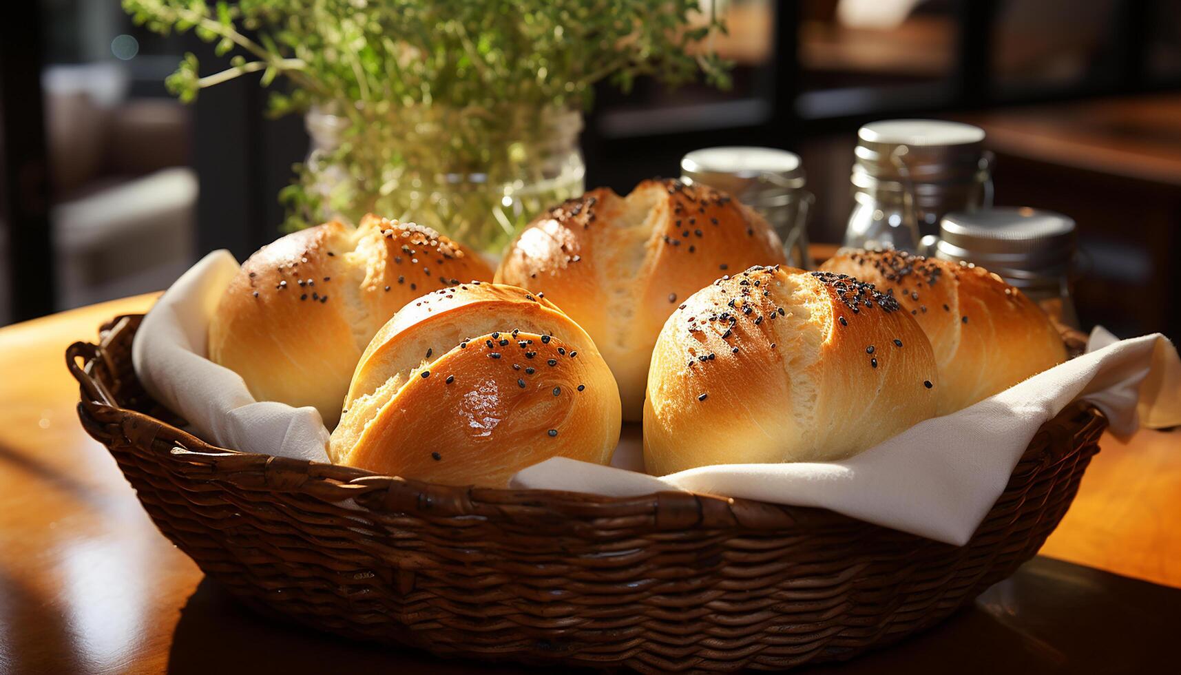 AI generated Freshly baked bread on wooden table, ready to eat and delicious generated by AI photo