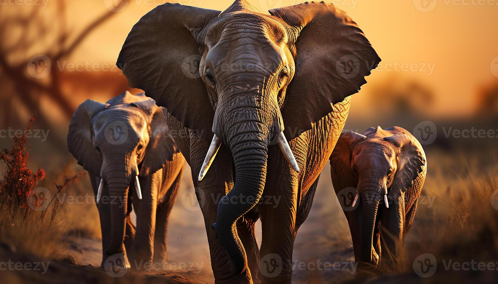 ai generado elefantes caminando en el salvaje, un majestuoso africano puesta de sol generado por ai foto