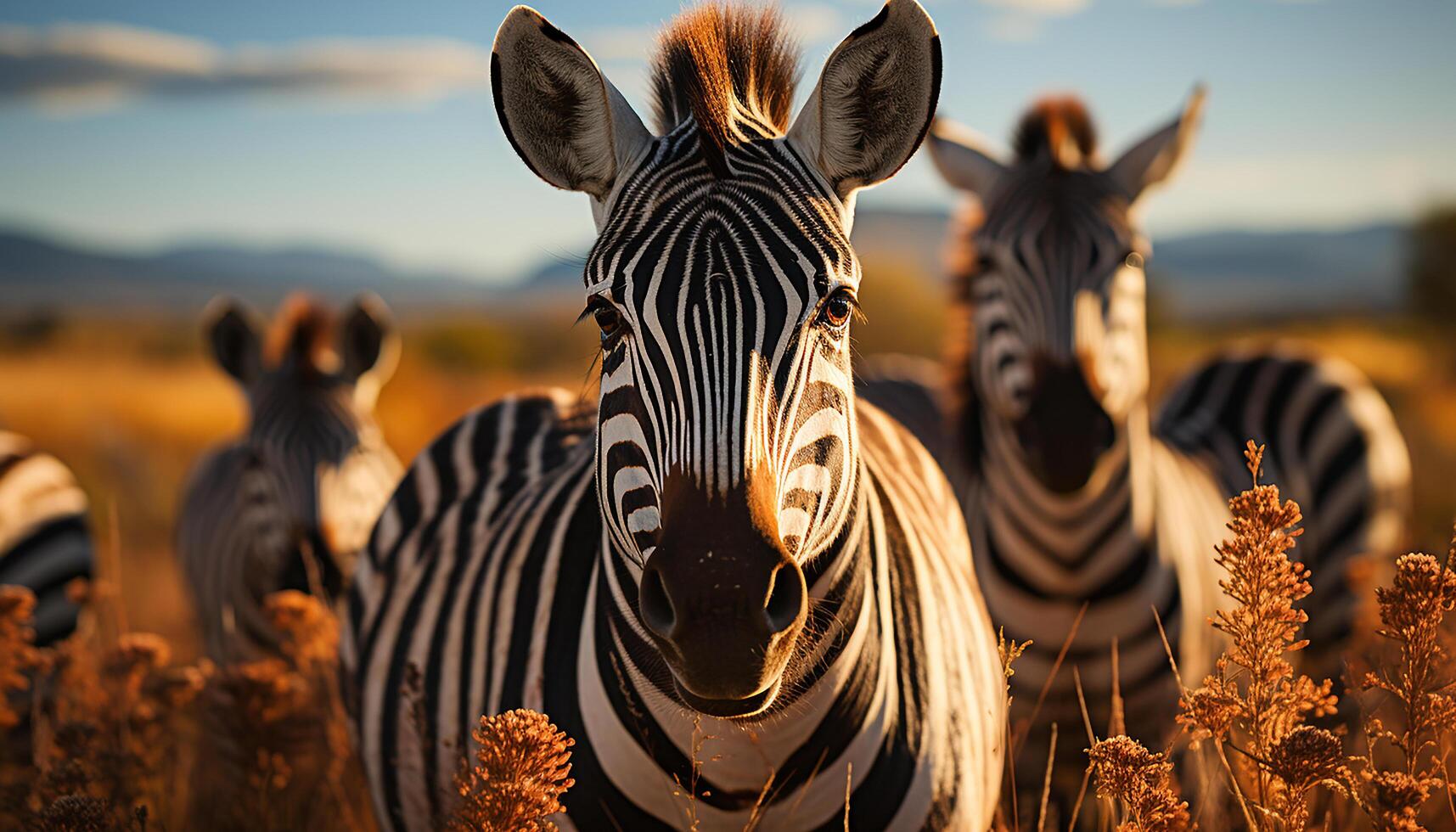 AI generated Zebra herd grazing on African savannah, beauty in nature generated by AI photo