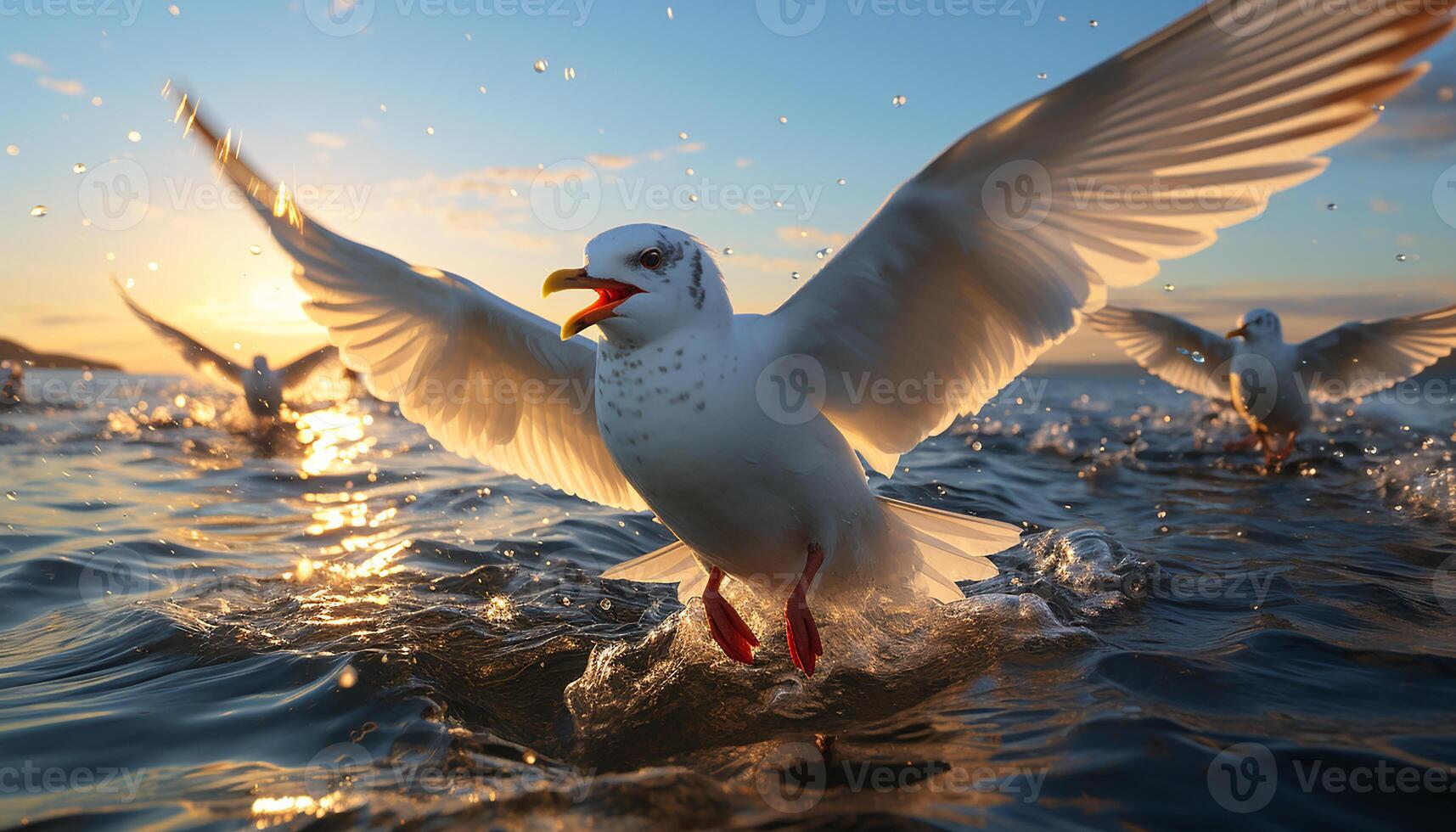 AI generated Seagull flying freely, wings spread, reflecting beauty in nature generated by AI photo