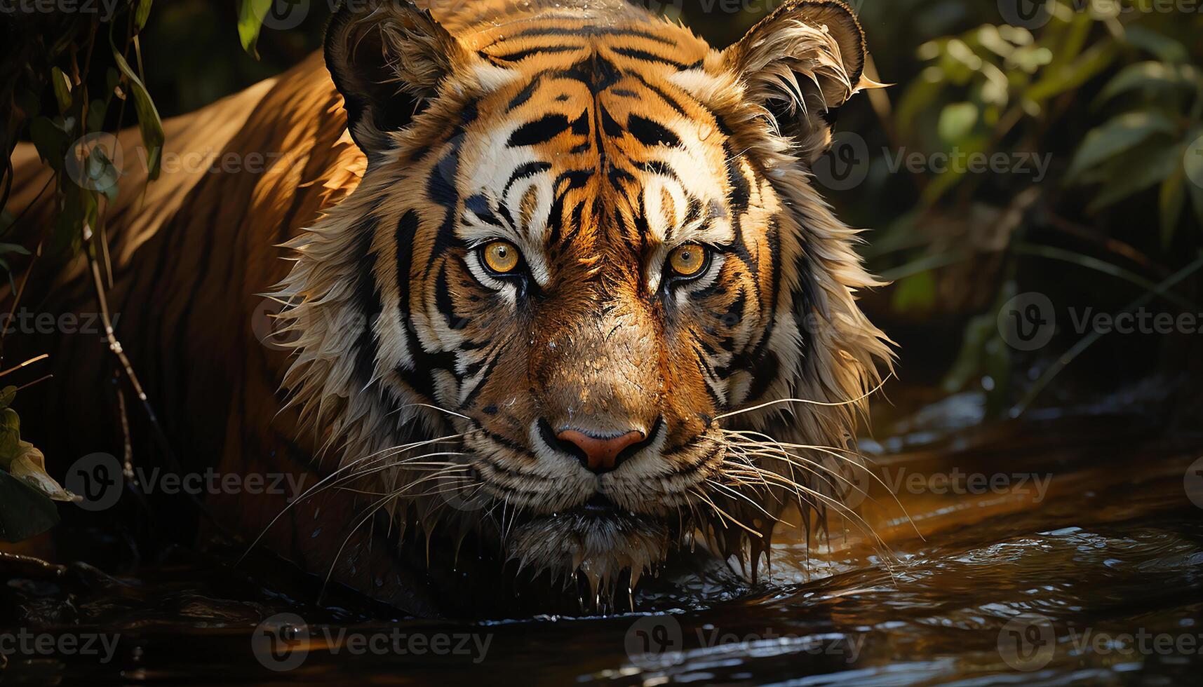 AI generated Majestic Bengal tiger staring, beauty in nature, wildcat in wilderness generated by AI photo