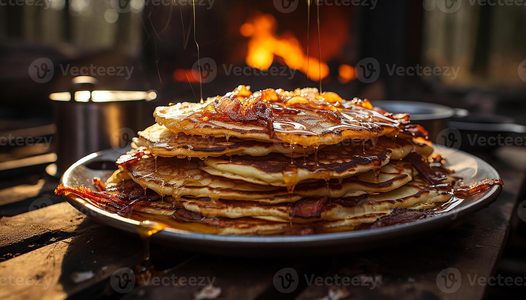 AI generated Stack of homemade pancakes with syrup and fresh fruit generated by AI photo