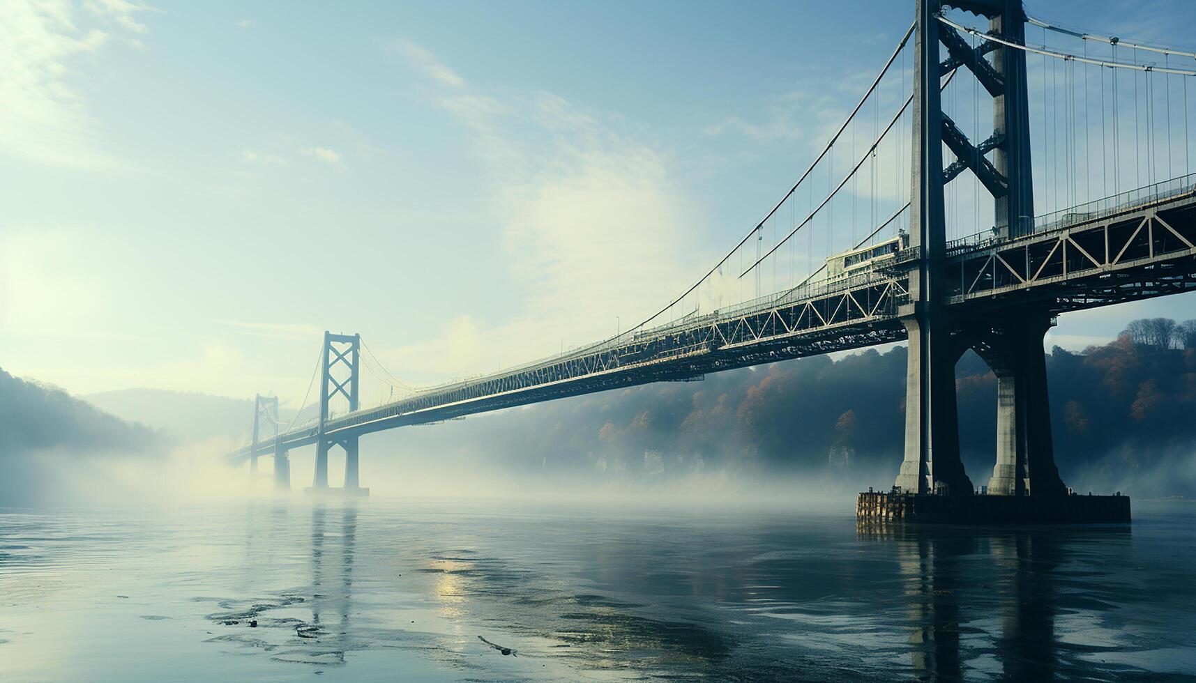 ai generado famoso suspensión puente refleja azul oscuridad, conectando transporte terminado agua generado por ai foto