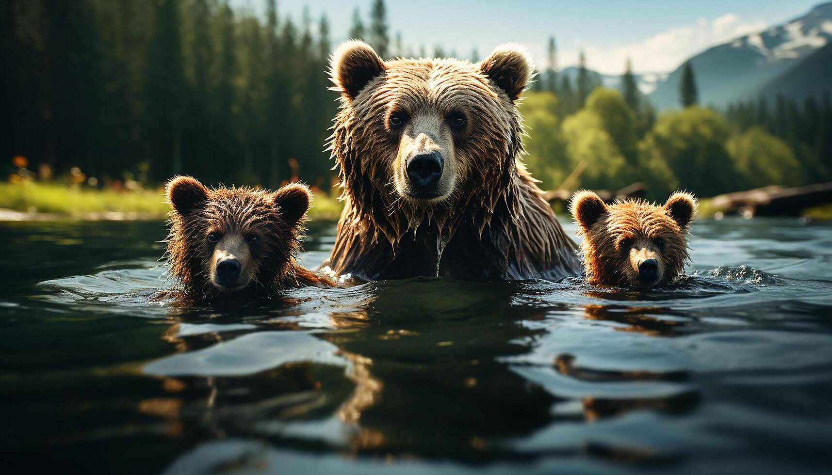 AI generated Cute bear cub swimming in tranquil pond, surrounded by nature generated by AI photo