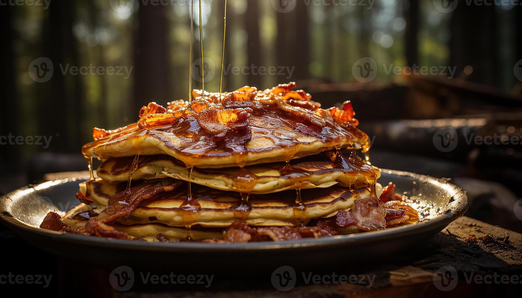 AI generated Freshly cooked pancakes stack on plate, drizzled with sweet syrup generated by AI photo