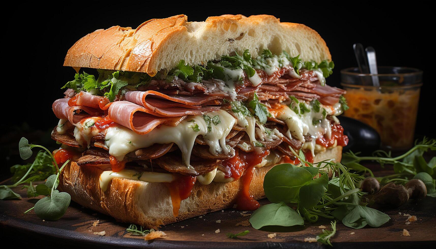 ai generado frescura en plato A la parrilla carne, gastrónomo sándwich, sano ensalada generado por ai foto