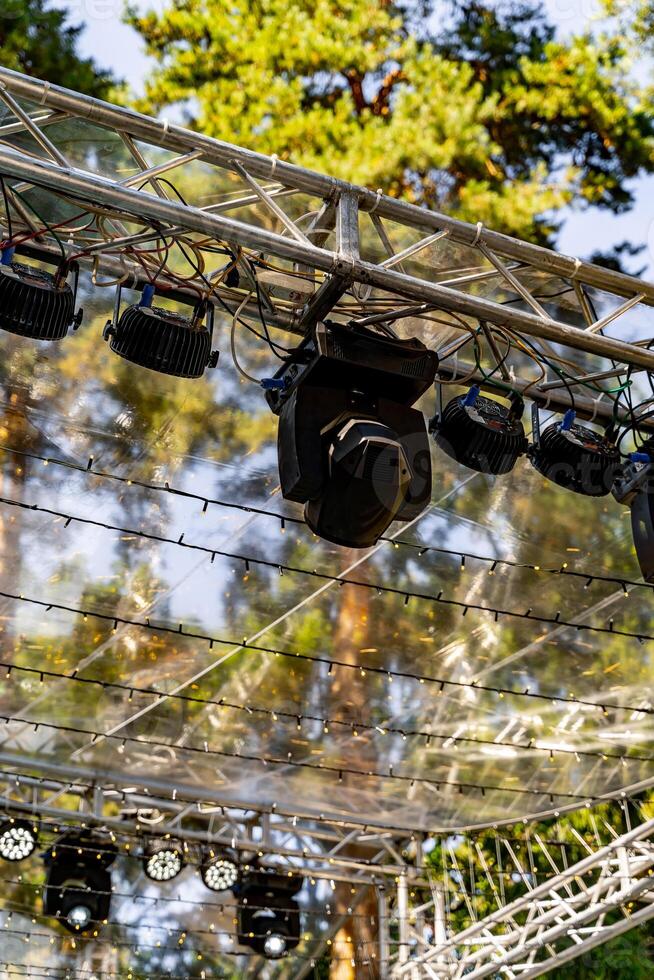 Stage equipment for a concert. Cropped view of the concert stage before a music performance. Portable PA Systems photo