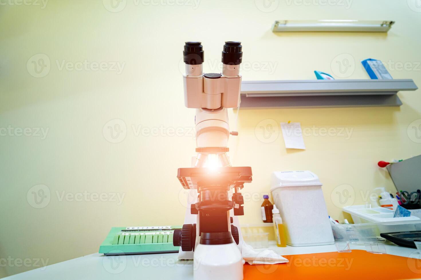 Laboratory lenses of microscope. Laboratory scientific research background. View from the front. photo