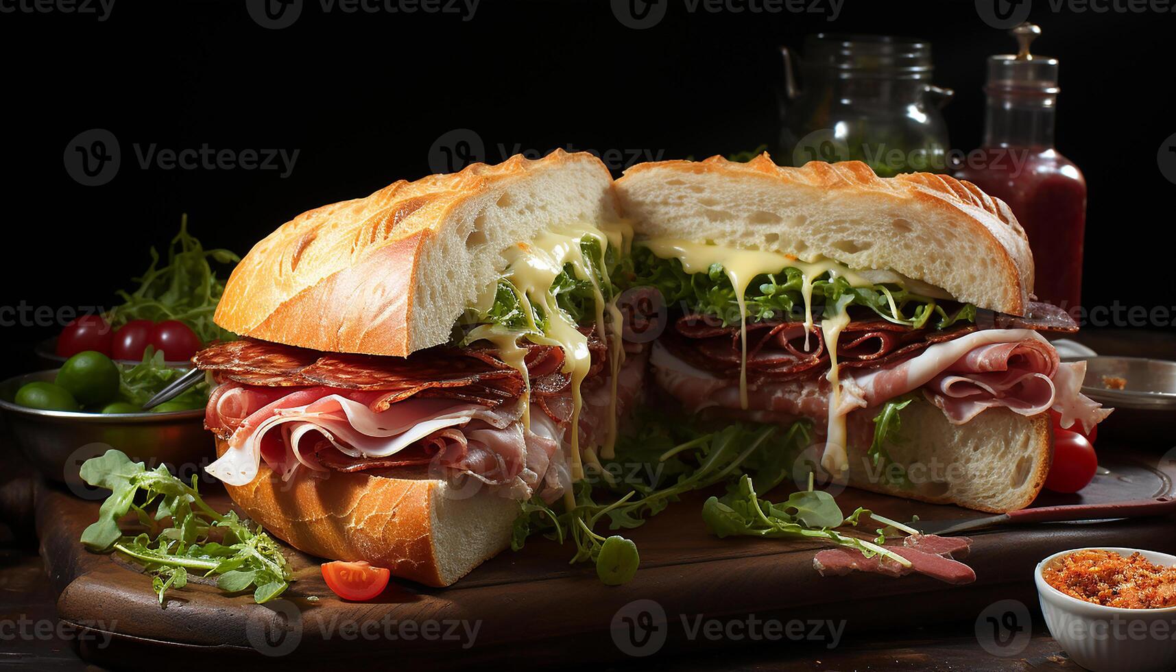 ai generado frescura en un de madera mesa gastrónomo sándwich, carne, y ensalada generado por ai foto