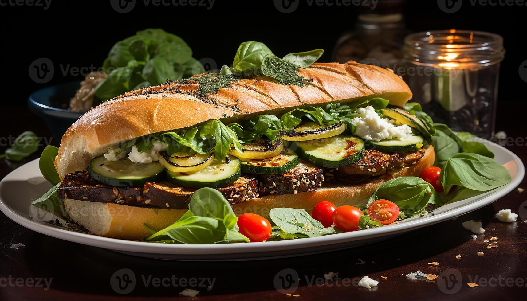 AI generated Grilled beef sandwich on ciabatta with fresh salad and fries generated by AI photo
